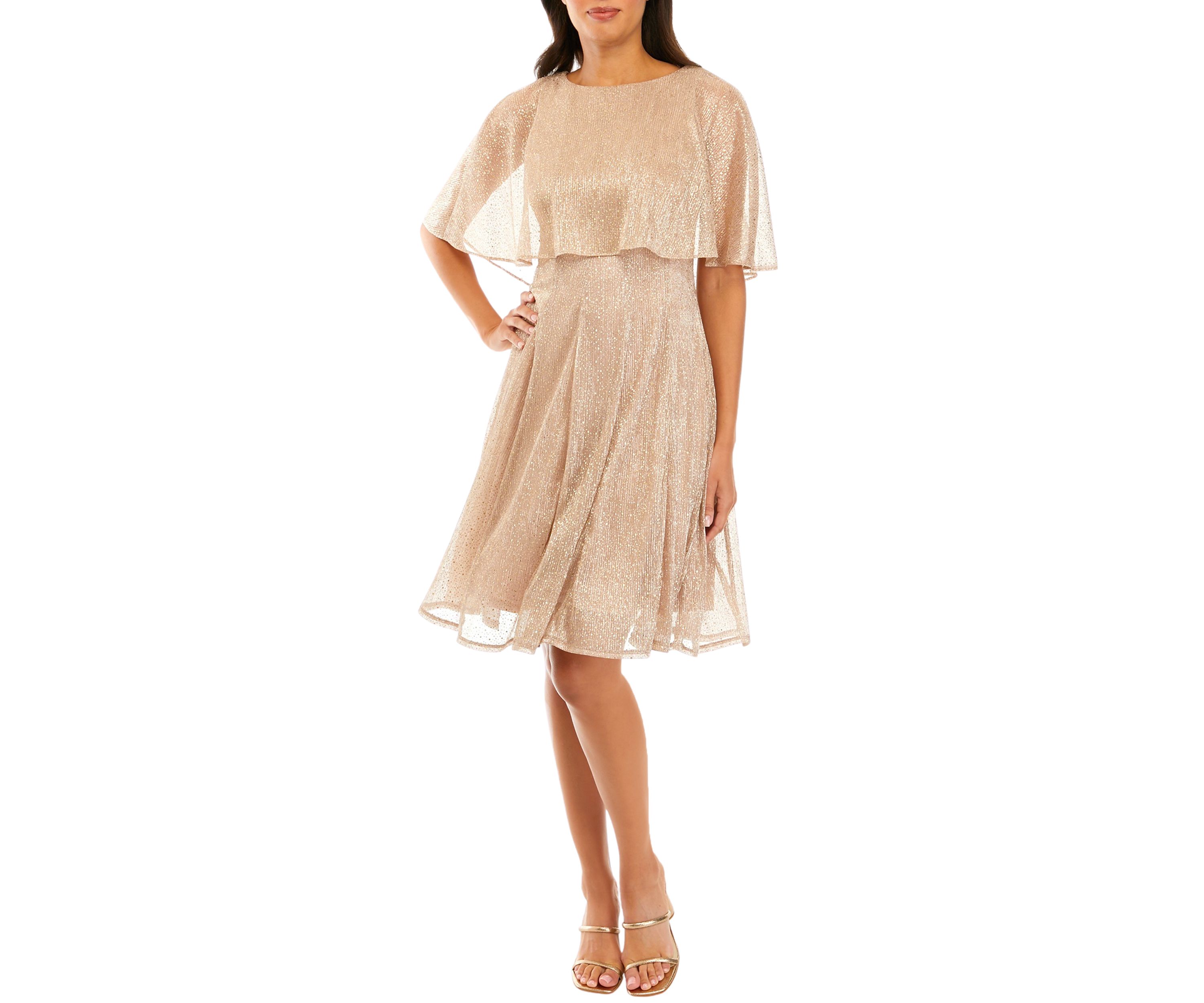 Womens Capelet Short Sleeve Foil Crinkle Mesh Cocktail Dress