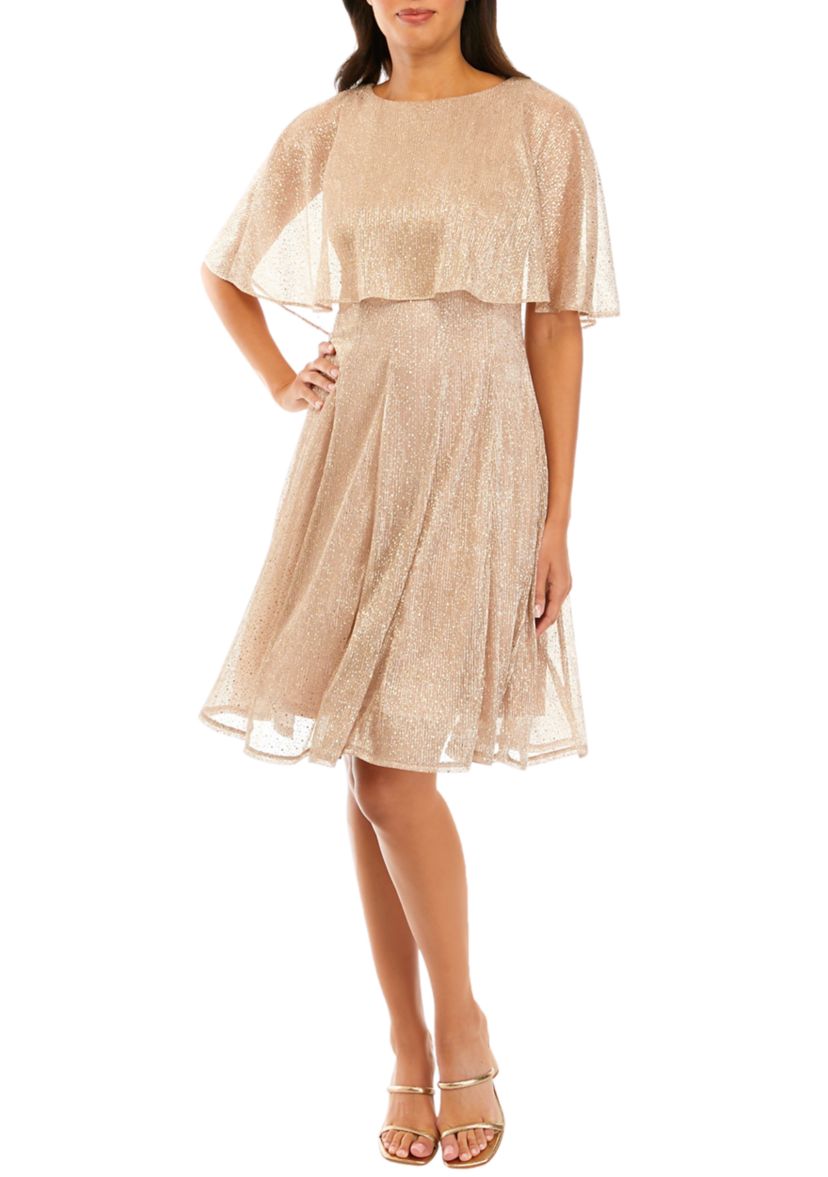 Womens Capelet Short Sleeve Foil Crinkle Mesh Cocktail Dress