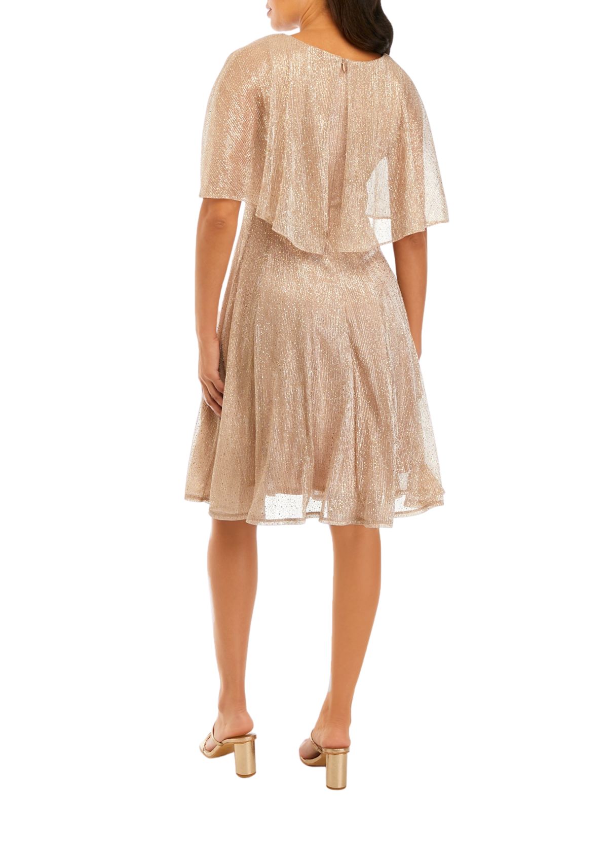 Womens Capelet Short Sleeve Foil Crinkle Mesh Cocktail Dress