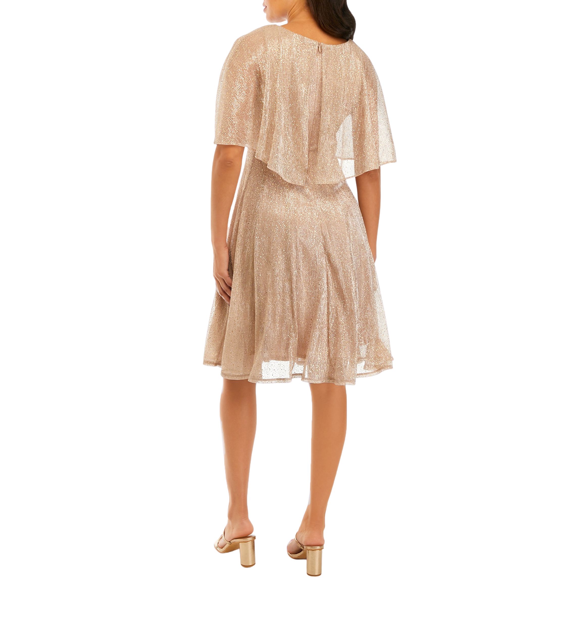 Womens Capelet Short Sleeve Foil Crinkle Mesh Cocktail Dress