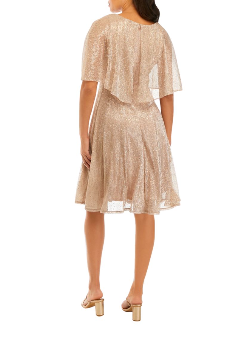 Womens Capelet Short Sleeve Foil Crinkle Mesh Cocktail Dress