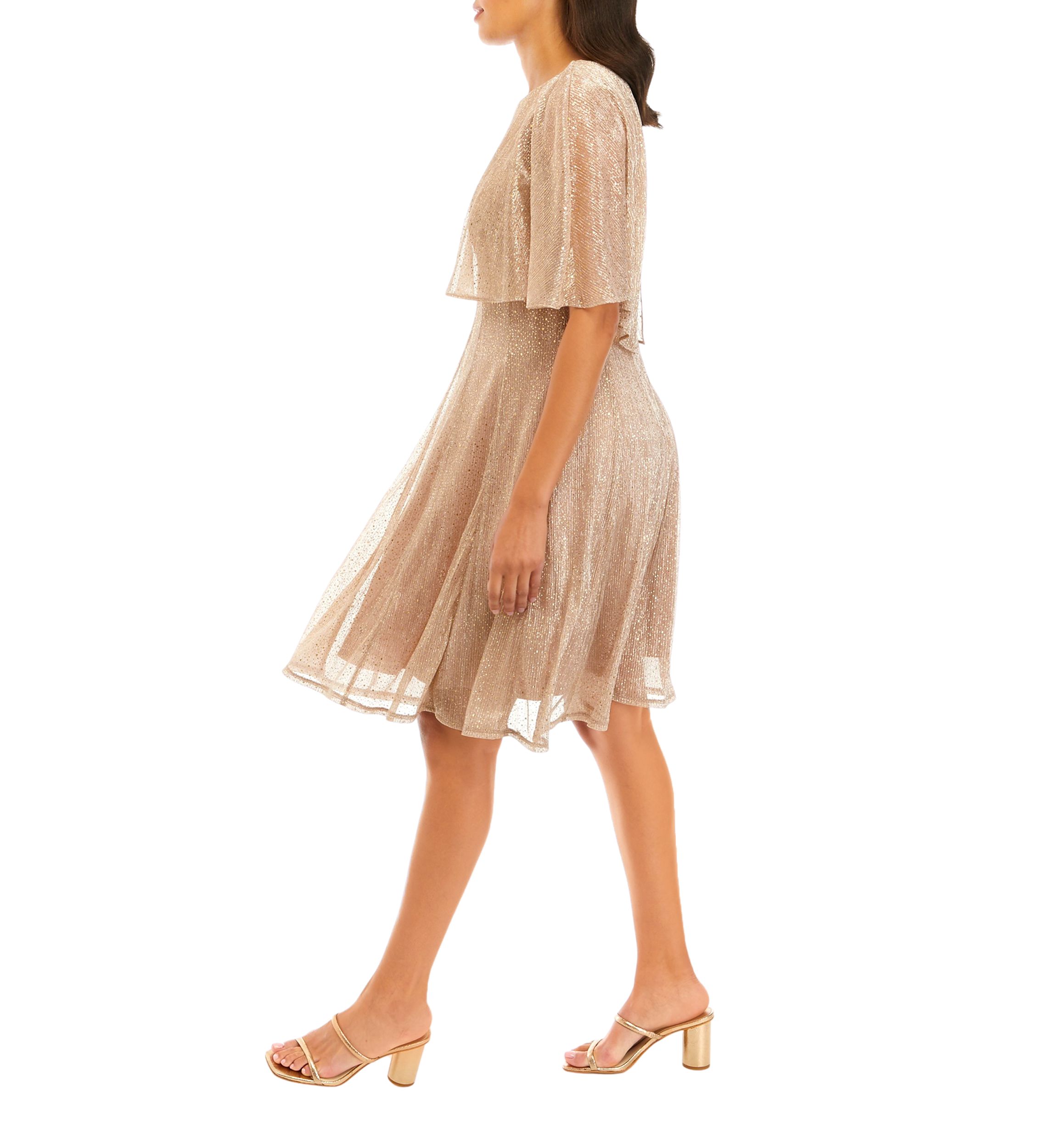 Womens Capelet Short Sleeve Foil Crinkle Mesh Cocktail Dress