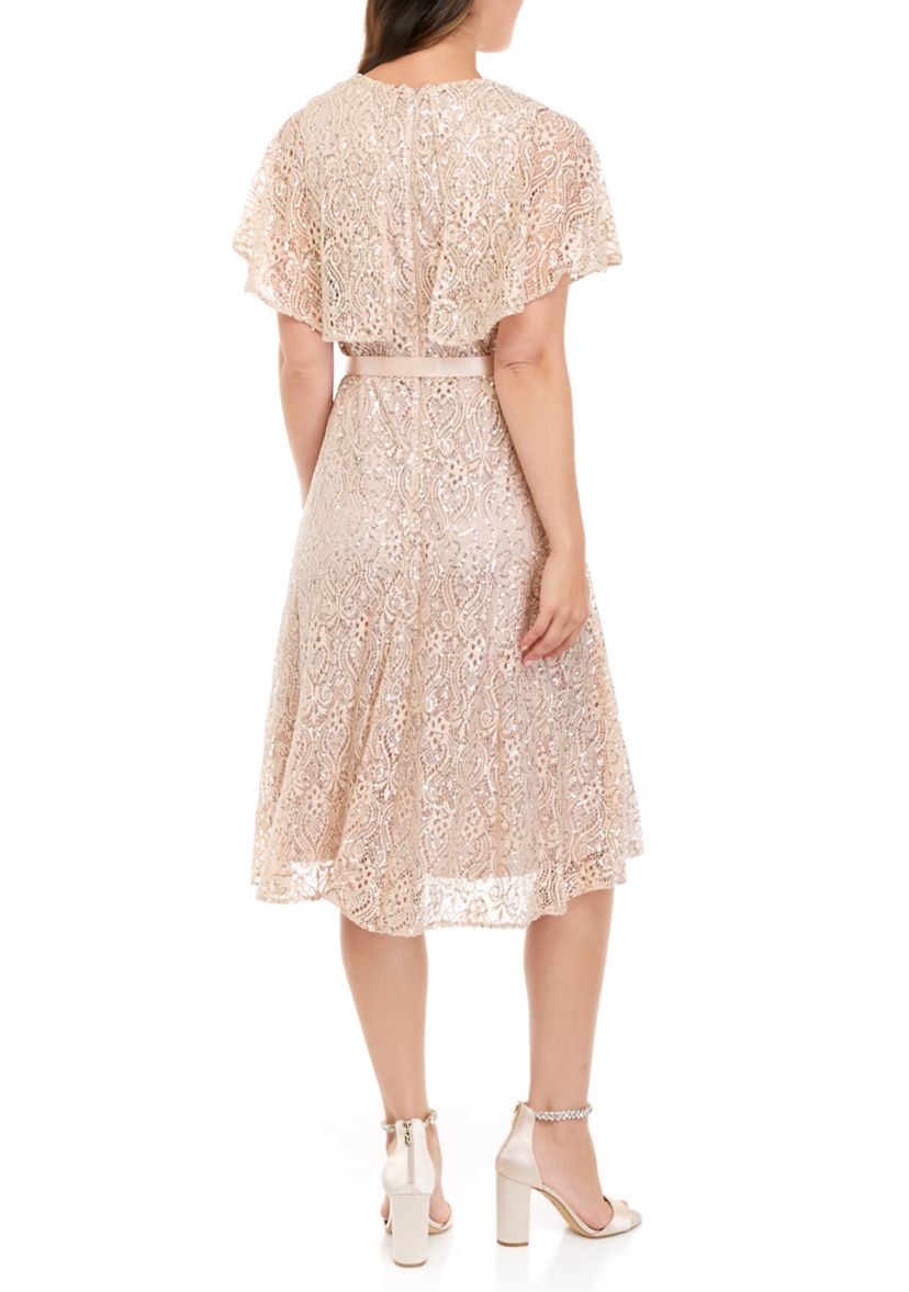 midi blue lace dress Women's Ice Blue Lace Racer Neck Ruched Waist Midi Dress