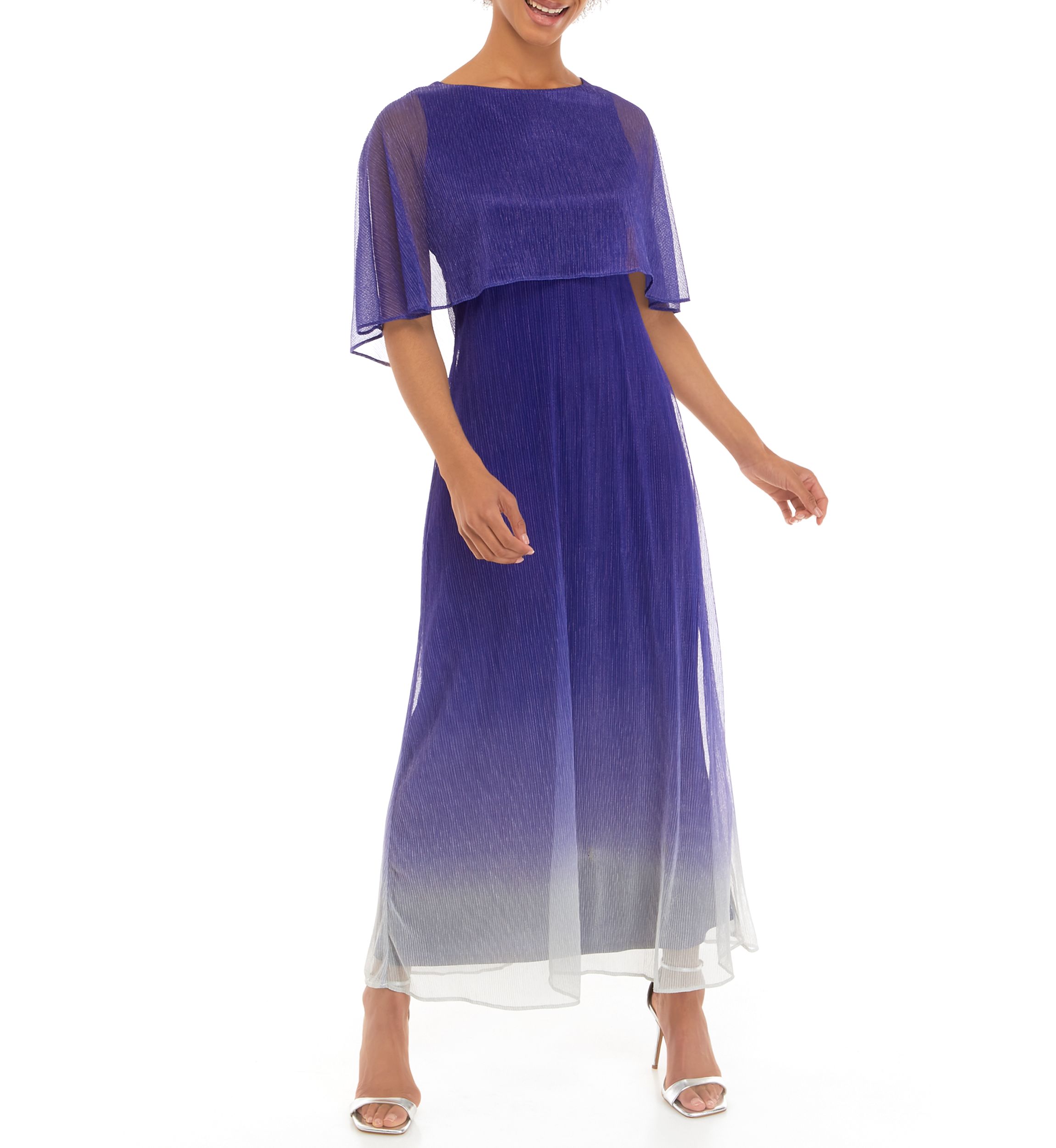 Womens Short Sleeve Glitter Ombré Capelet Fit and Flare Dress