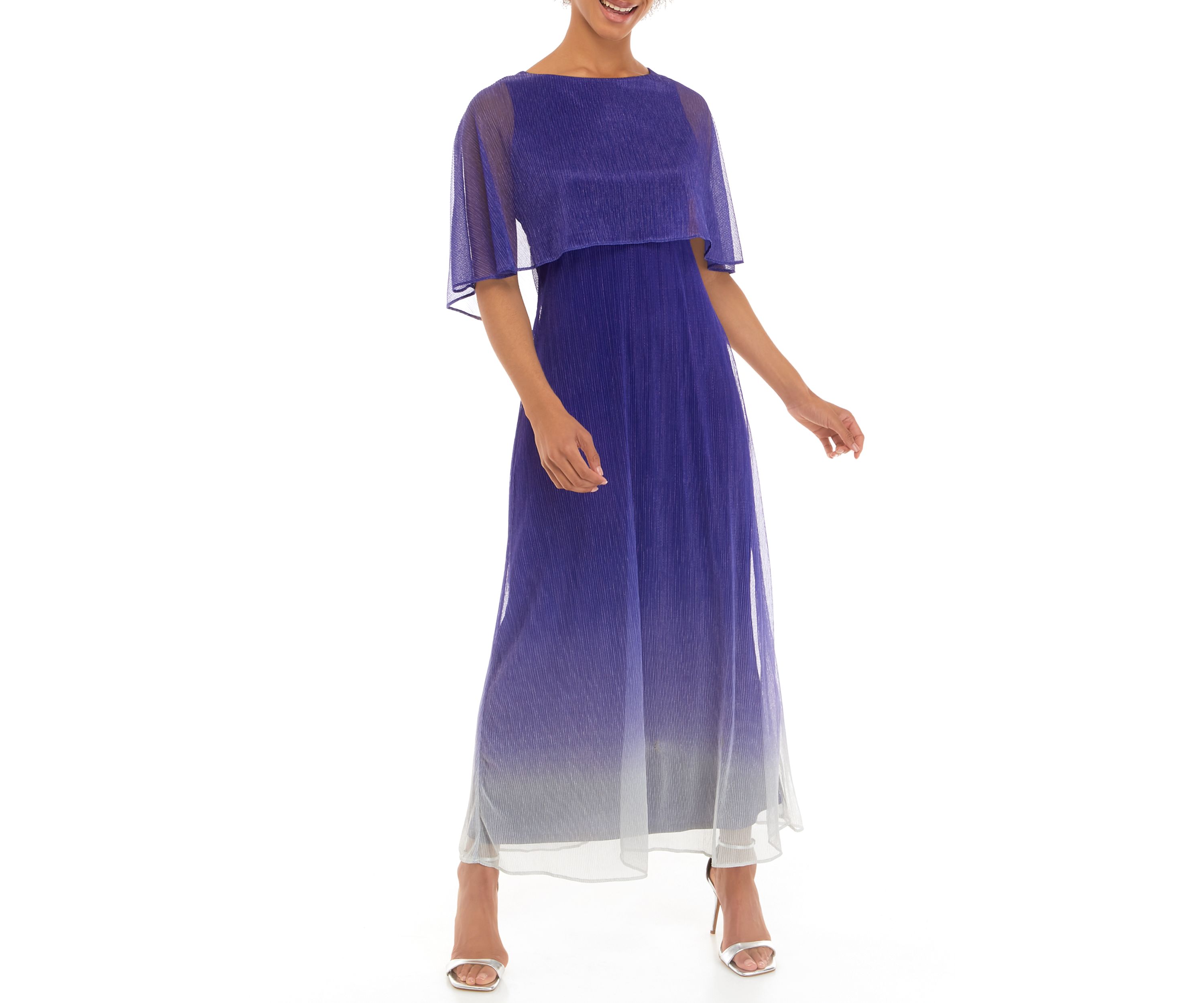 Womens Short Sleeve Glitter Ombré Capelet Fit and Flare Dress