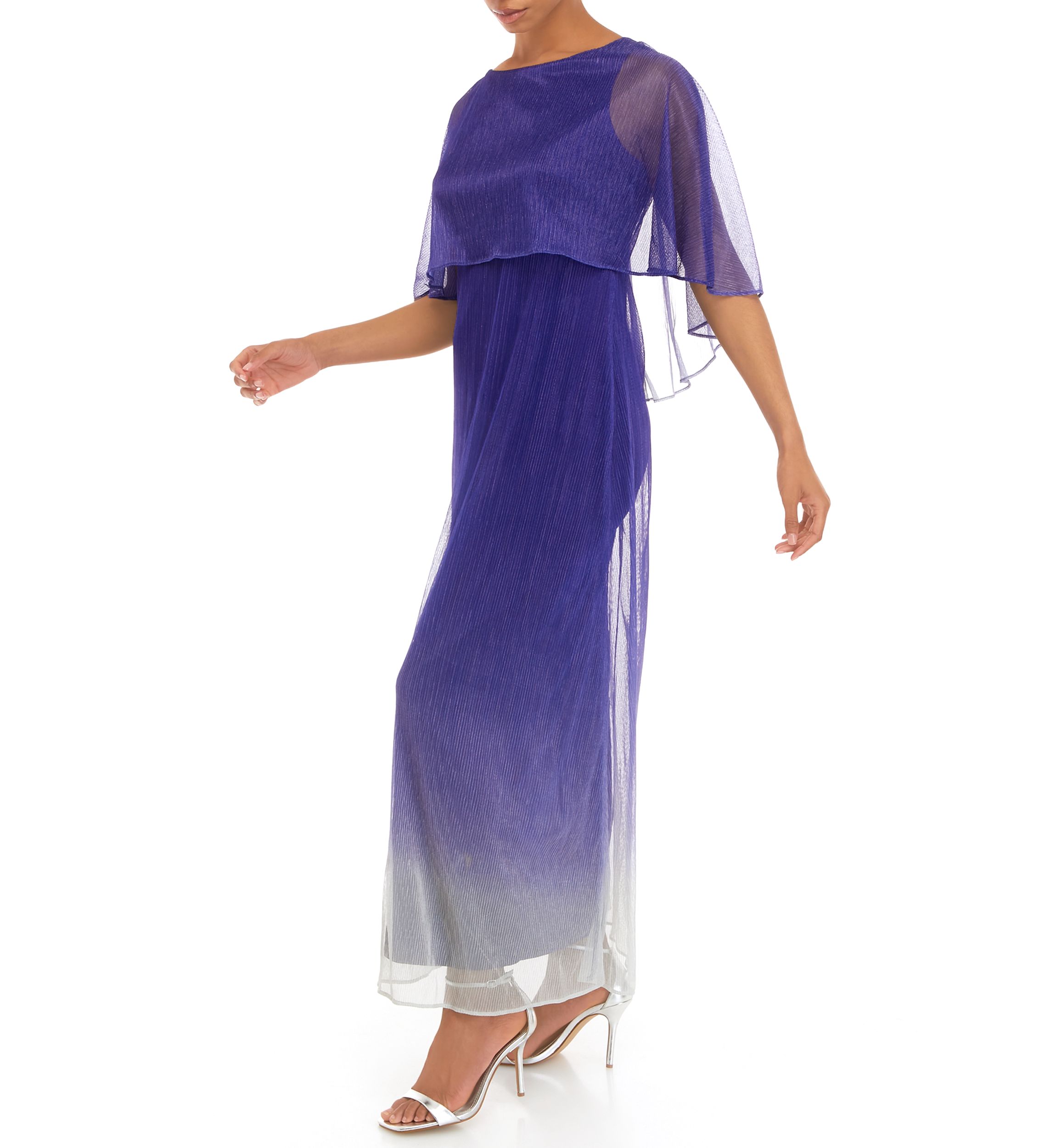Womens Short Sleeve Glitter Ombré Capelet Fit and Flare Dress