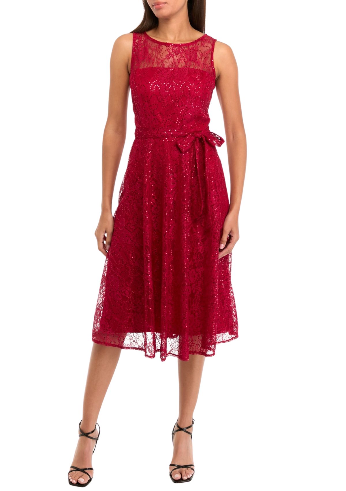 Womens Sleeveless Crew Neck Solid Lace Fit and Flare Dress