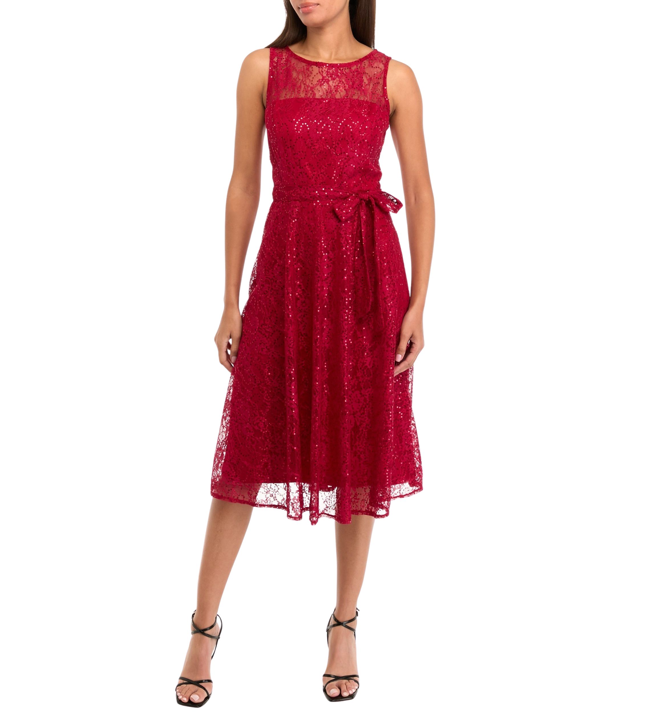 Womens Sleeveless Crew Neck Solid Lace Fit and Flare Dress