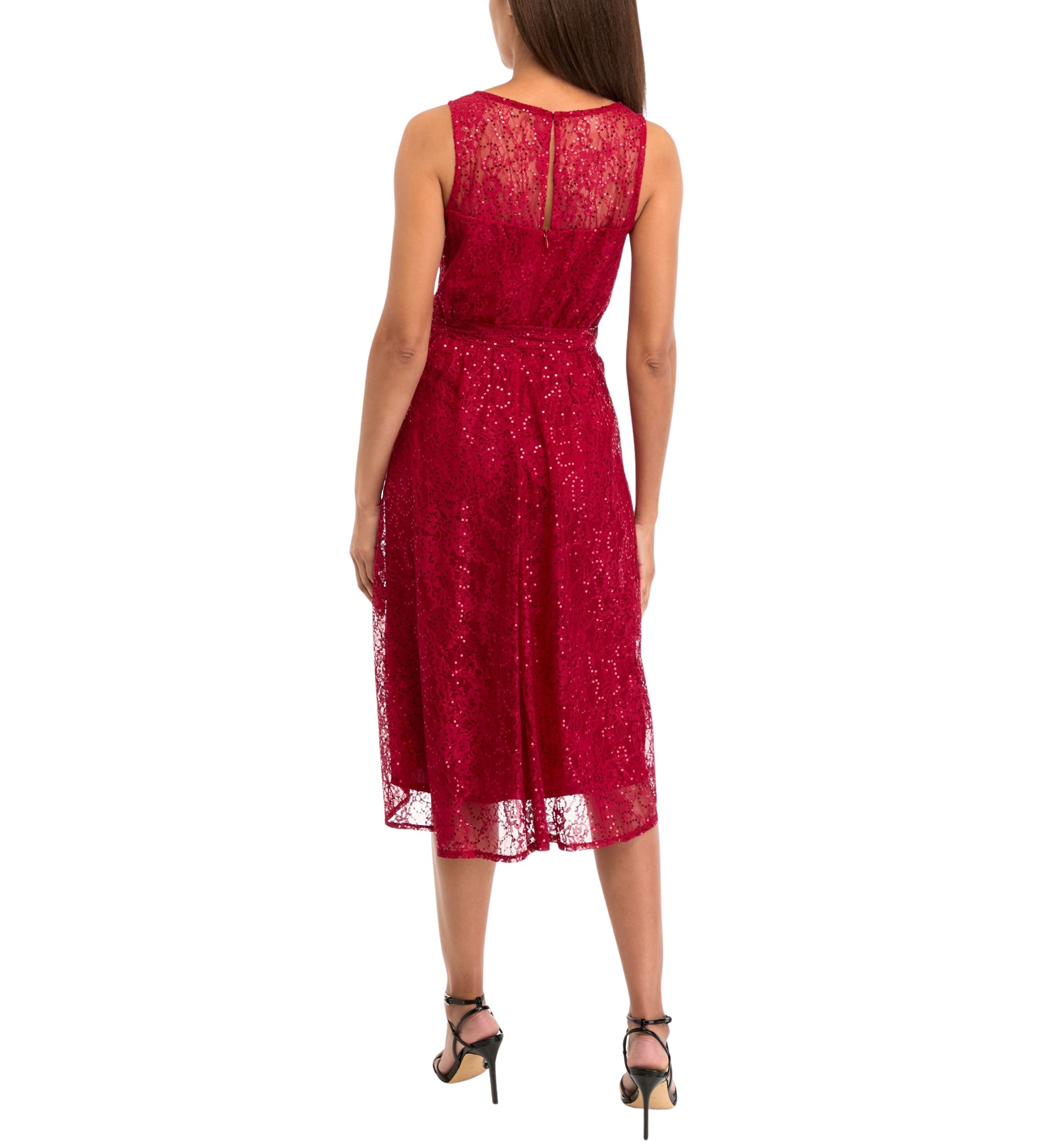 Womens Sleeveless Crew Neck Solid Lace Fit and Flare Dress
