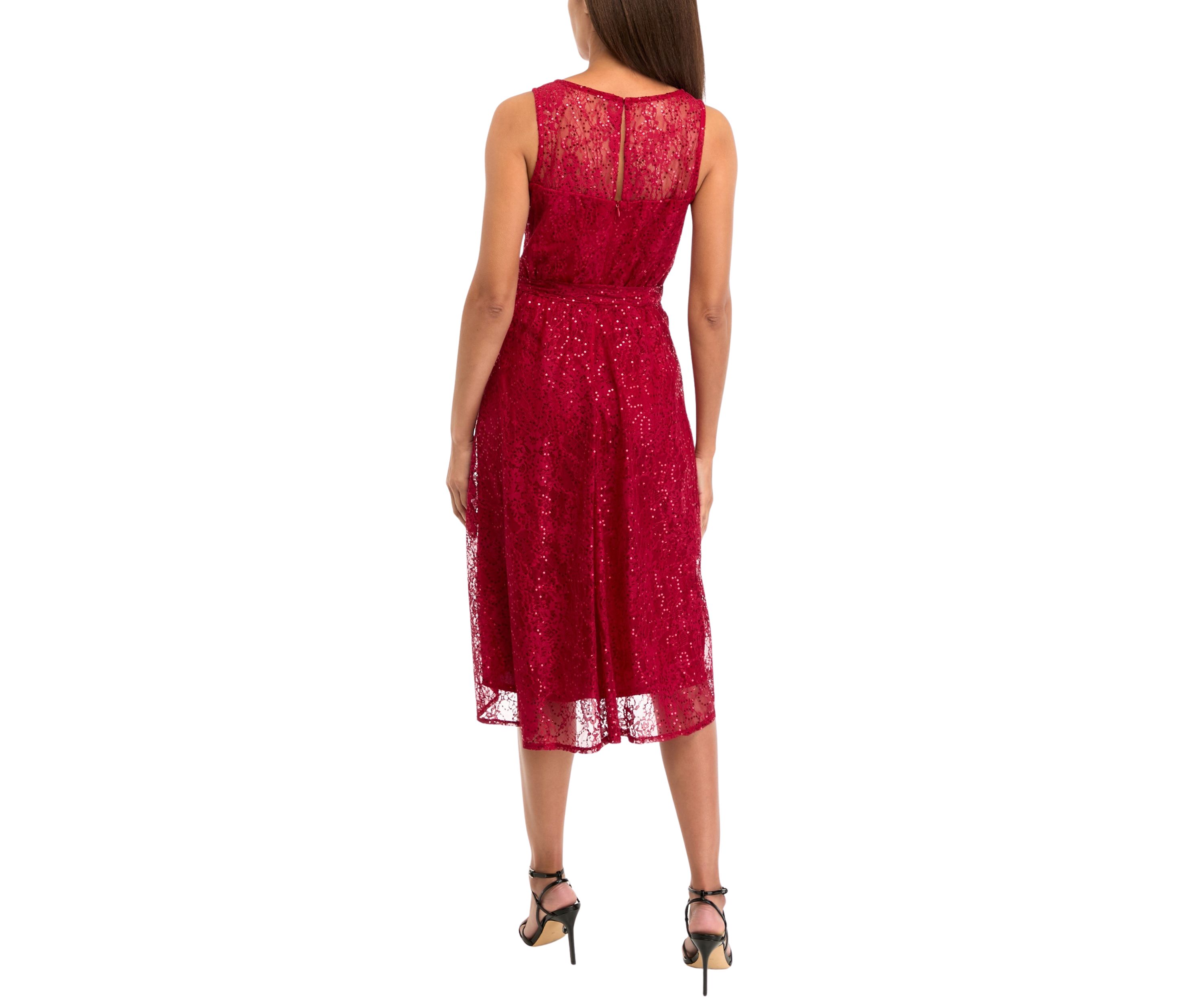Womens Sleeveless Crew Neck Solid Lace Fit and Flare Dress