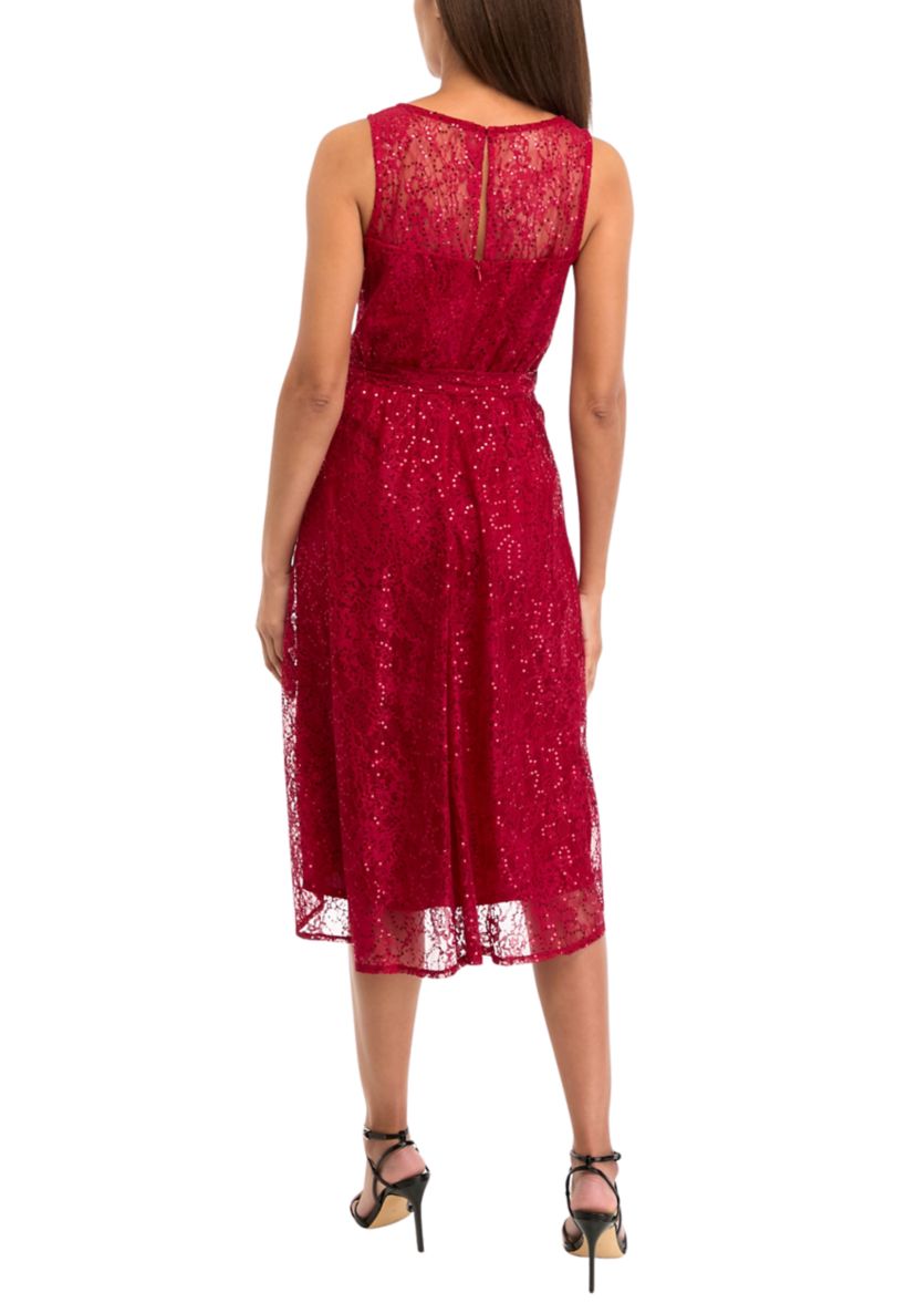 Womens Sleeveless Crew Neck Solid Lace Fit and Flare Dress