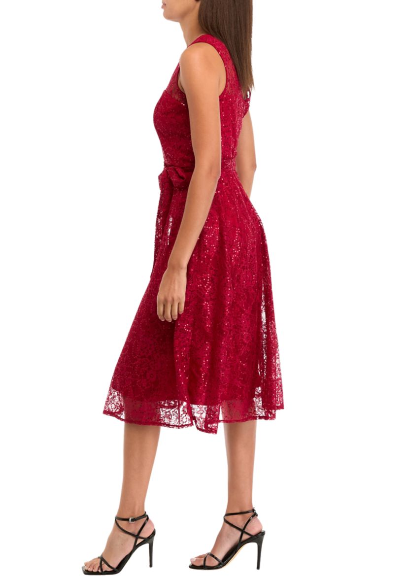 Womens Sleeveless Crew Neck Solid Lace Fit and Flare Dress