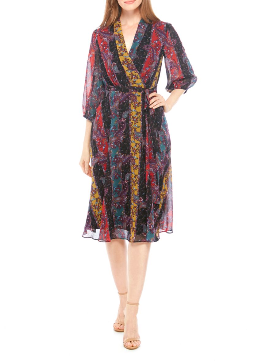 3/4 Sleeve Printed Chiffon Wrap Dress