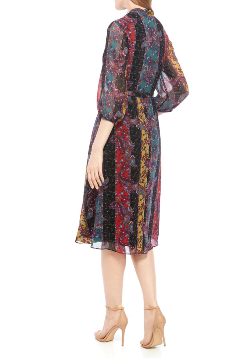 3/4 Sleeve Printed Chiffon Wrap Dress