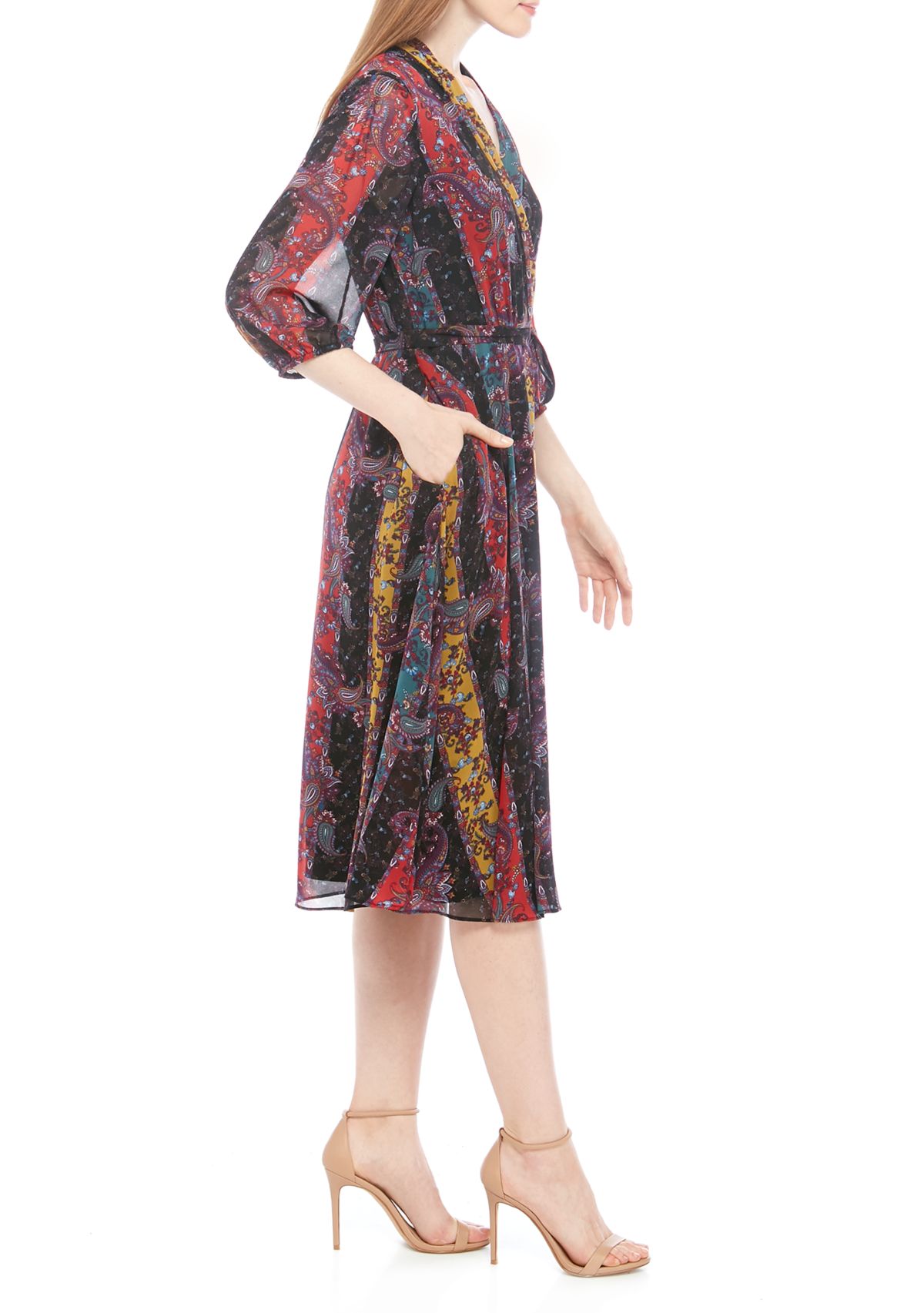 3/4 Sleeve Printed Chiffon Wrap Dress