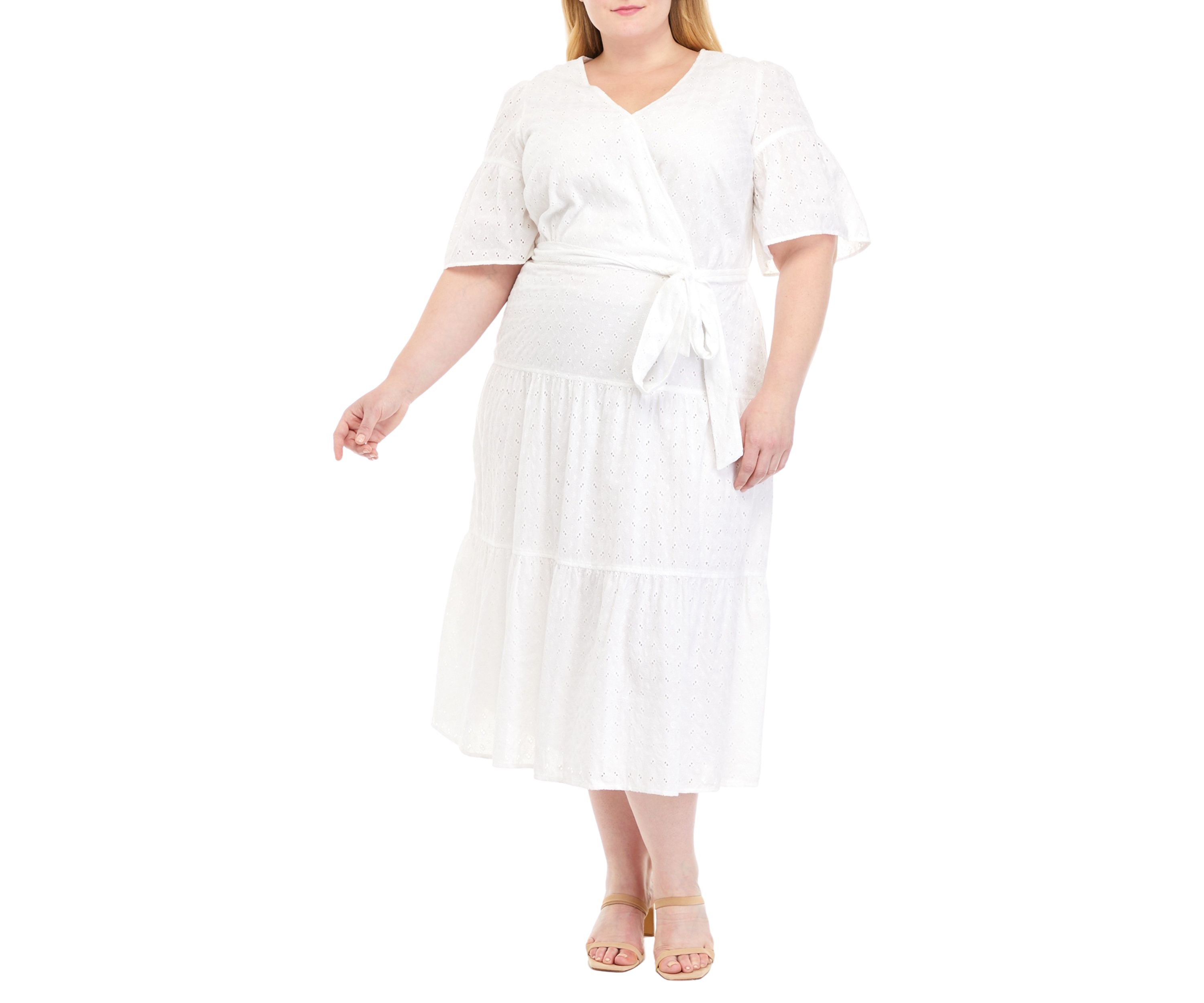 Plus Size Flare Sleeve Eyelet Dress