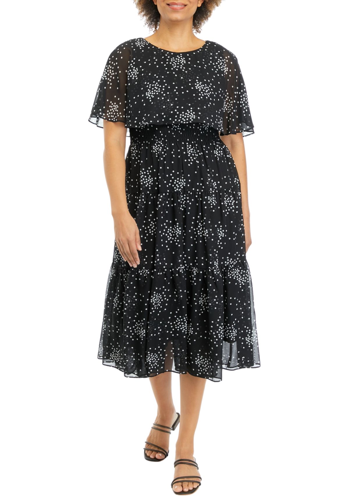 Womens Short Sleeve Scattered Dot Print Chiffon Fit and Flare Capelet Dress