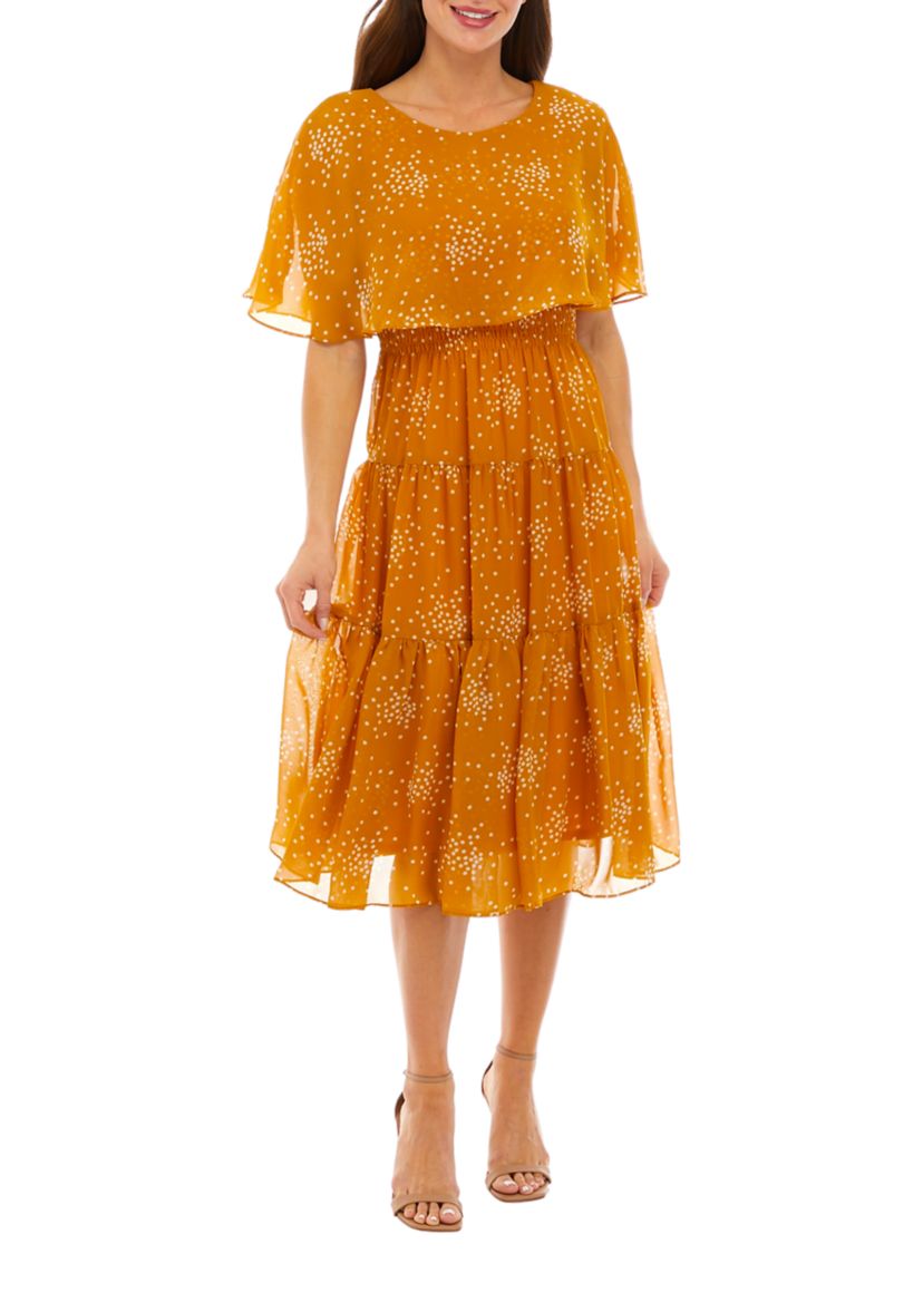 Womens Short Sleeve Scattered Dot Print Chiffon Fit and Flare Capelet Dress