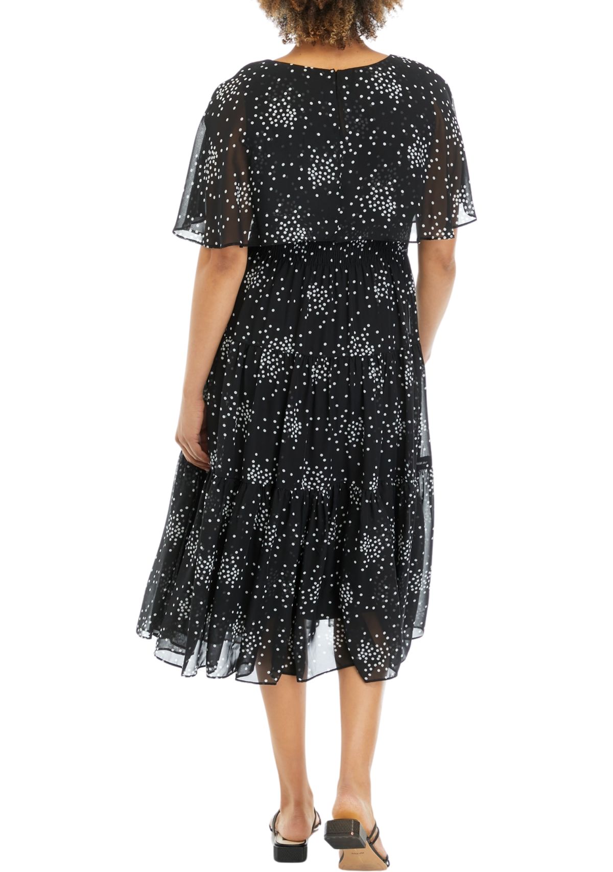 Womens Short Sleeve Scattered Dot Print Chiffon Fit and Flare Capelet Dress