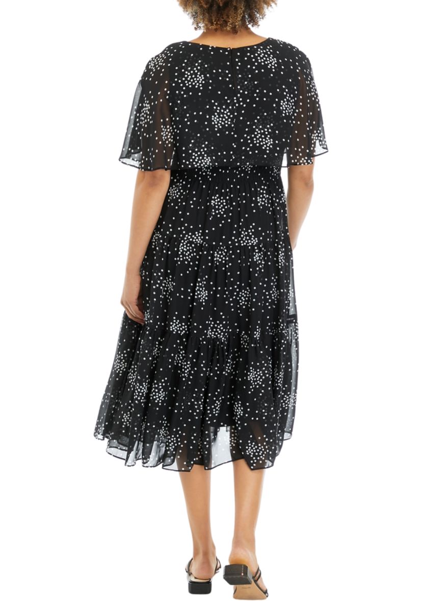 Womens Short Sleeve Scattered Dot Print Chiffon Fit and Flare Capelet Dress