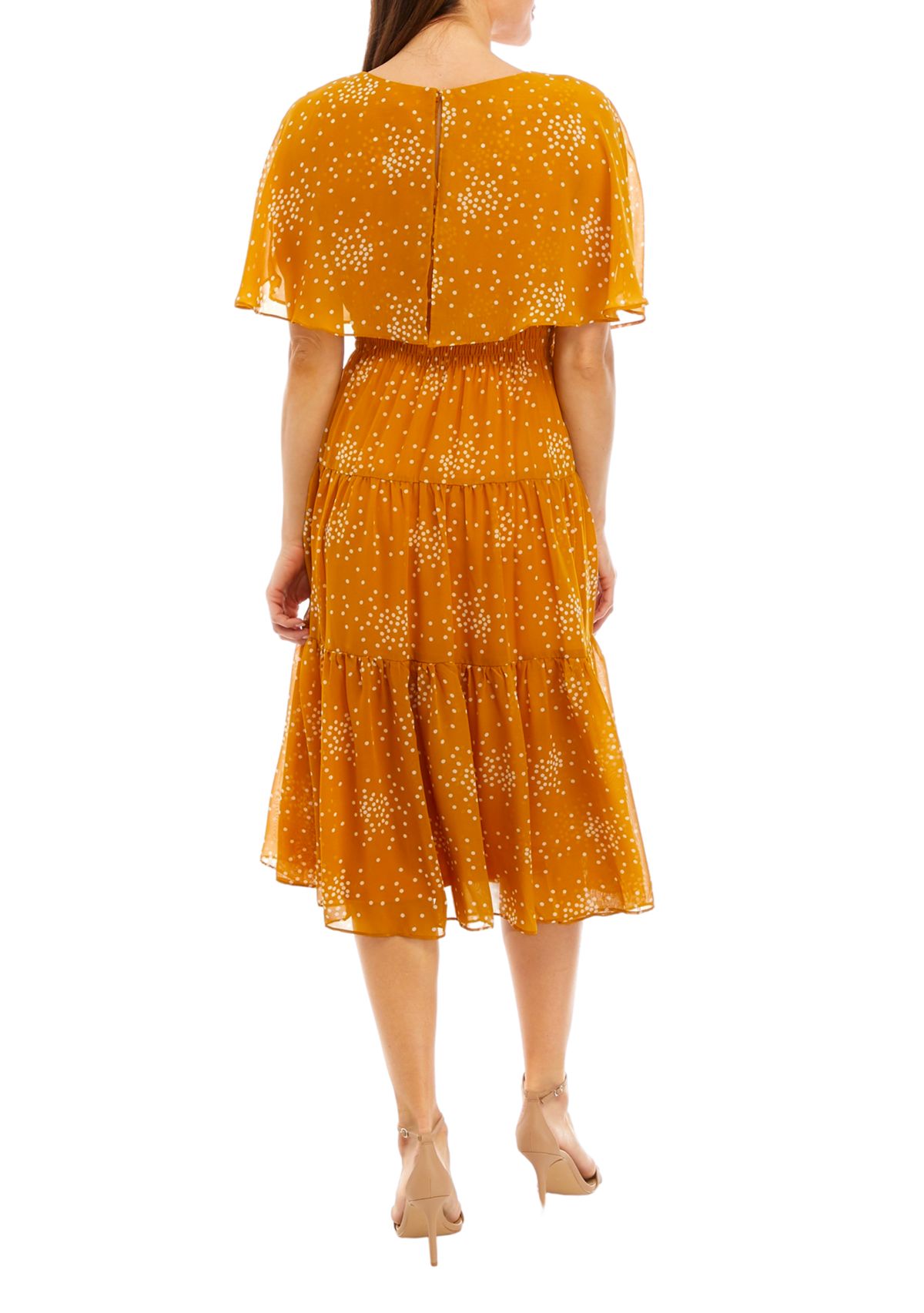 Womens Short Sleeve Scattered Dot Print Chiffon Fit and Flare Capelet Dress