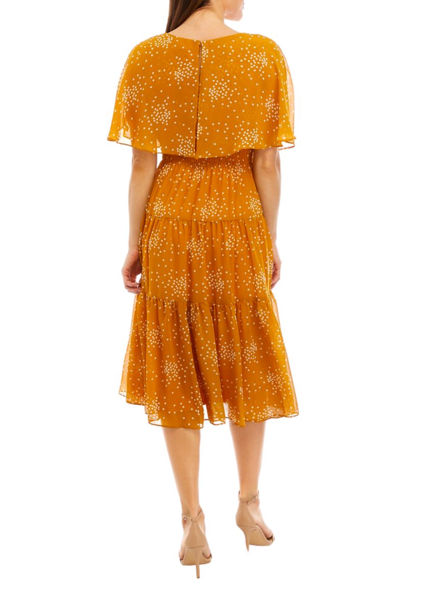 Womens Short Sleeve Scattered Dot Print Chiffon Fit and Flare Capelet Dress