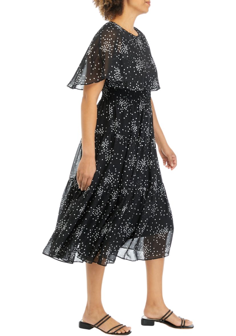 Womens Short Sleeve Scattered Dot Print Chiffon Fit and Flare Capelet Dress