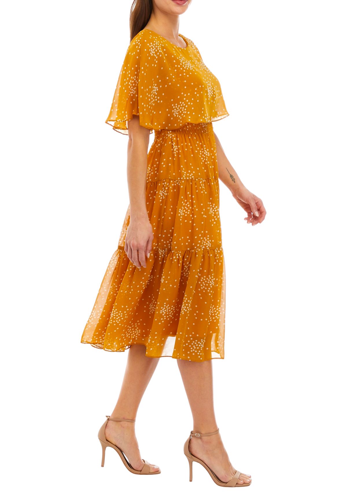 Womens Short Sleeve Scattered Dot Print Chiffon Fit and Flare Capelet Dress