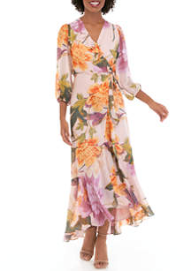 Maison Tara Women's 3/4 Sleeve Floral Print Chiffon Surplice Wrap Maxi ...