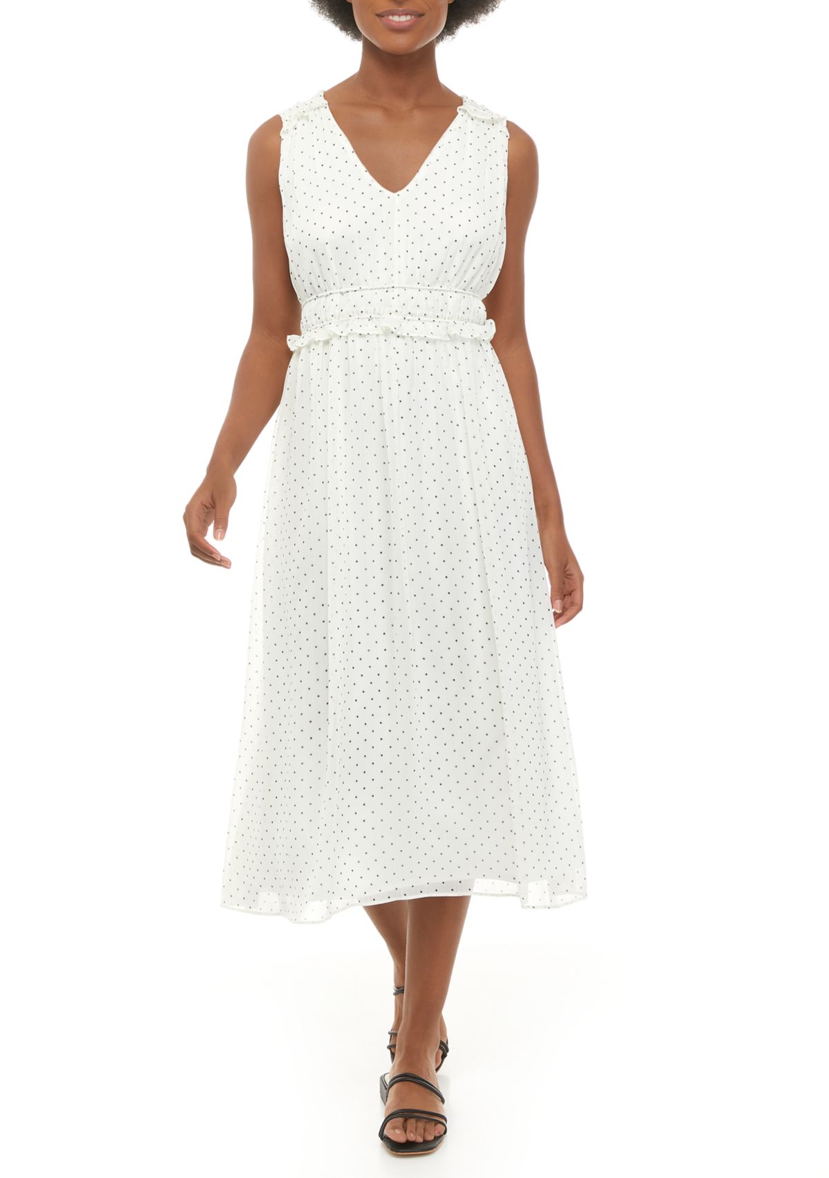 Womens Sleeveless Smock Neck Print Midi Dress