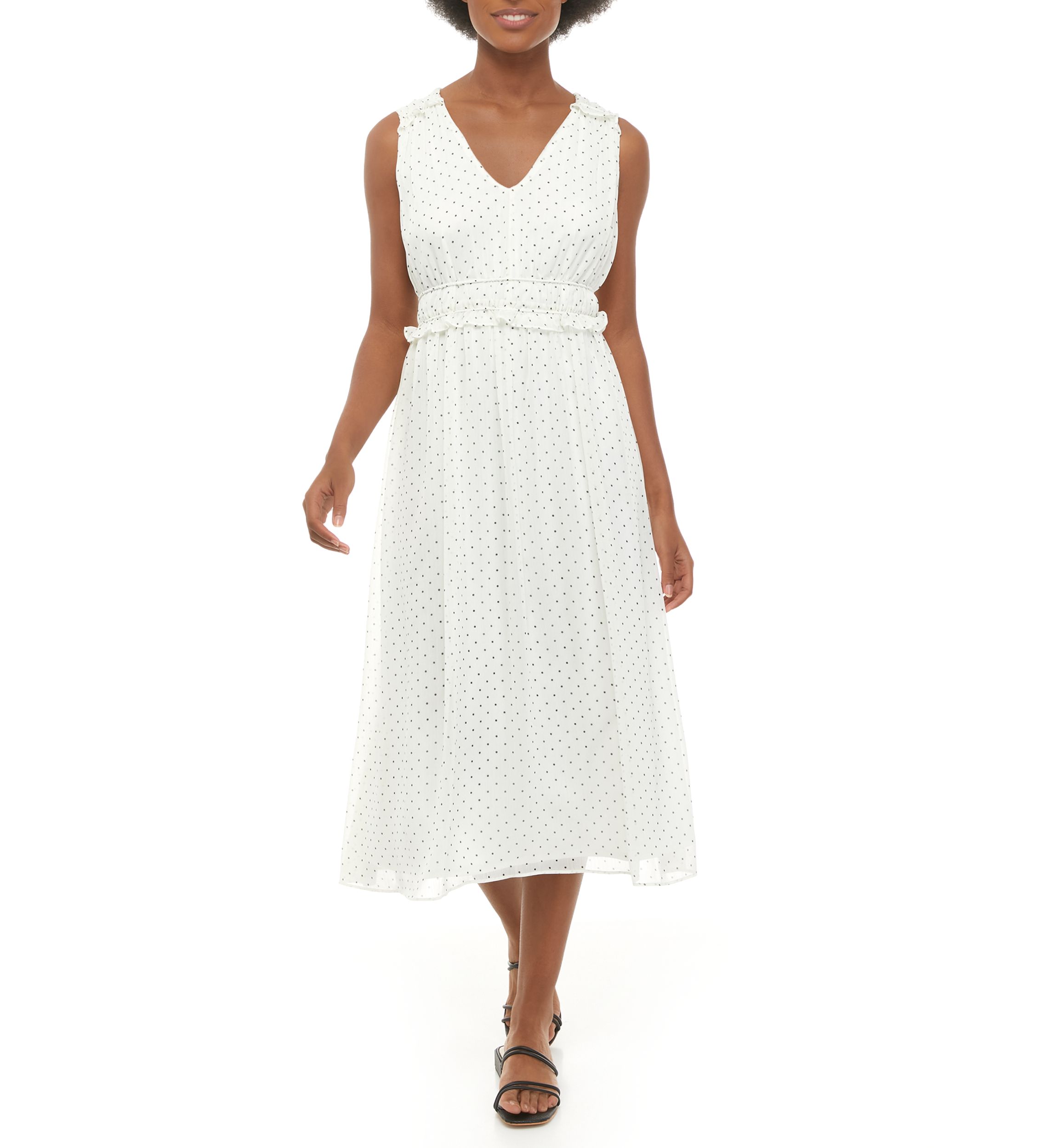 Womens Sleeveless Smock Neck Print Midi Dress