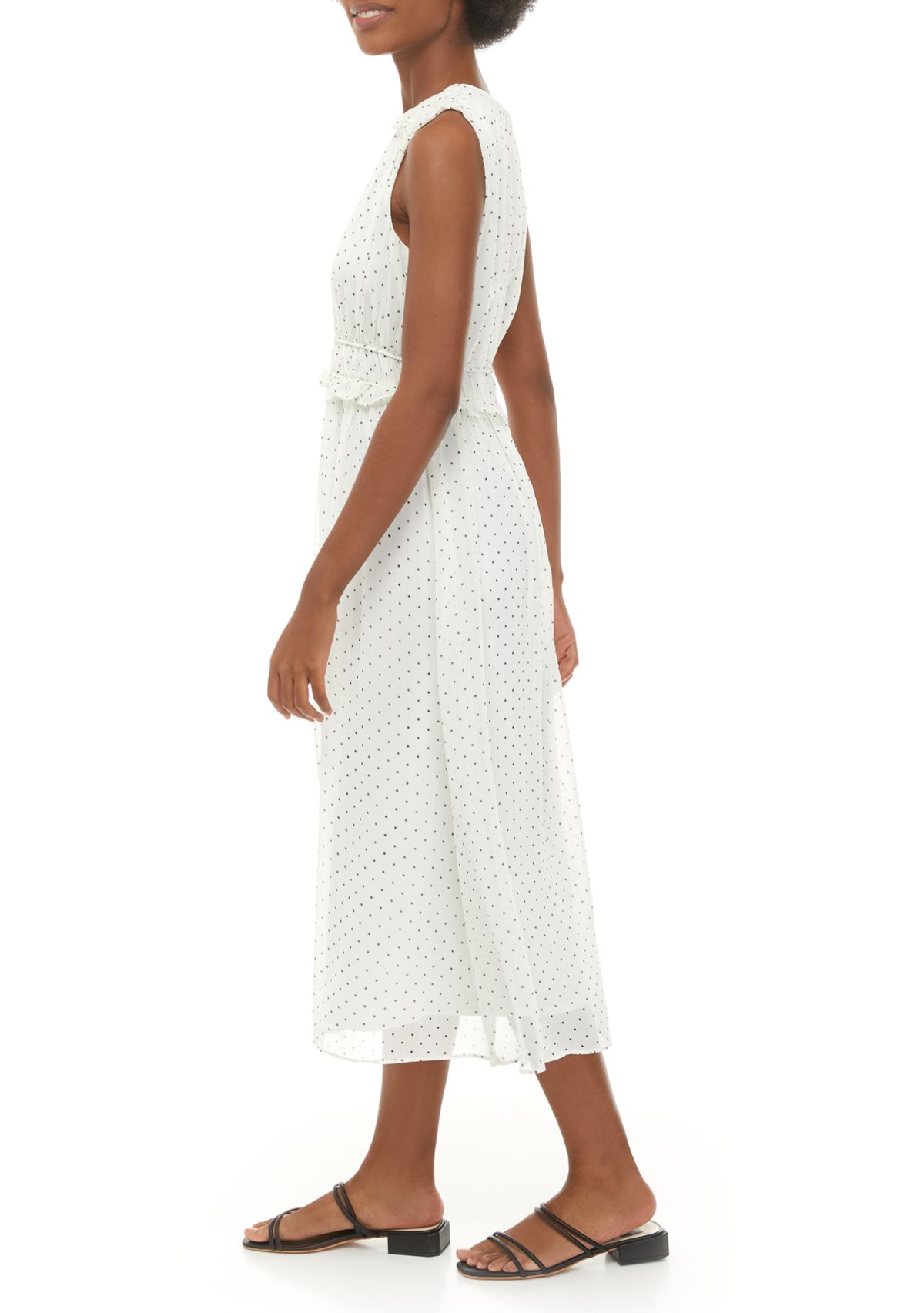 Womens Sleeveless Smock Neck Print Midi Dress