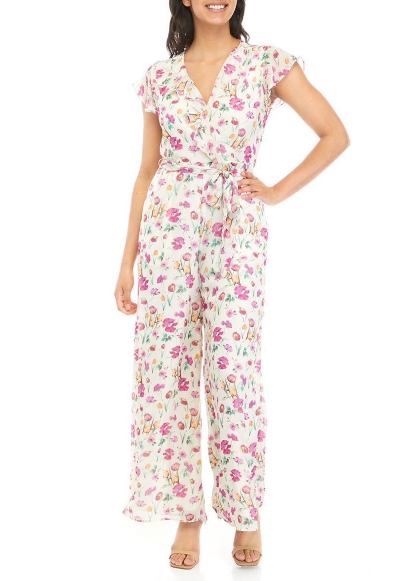 Womens Floral Print Flutter Sleeve Jumpsuit 