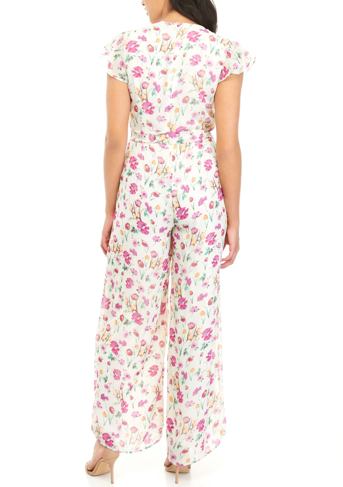 Womens Floral Print Flutter Sleeve Jumpsuit 
