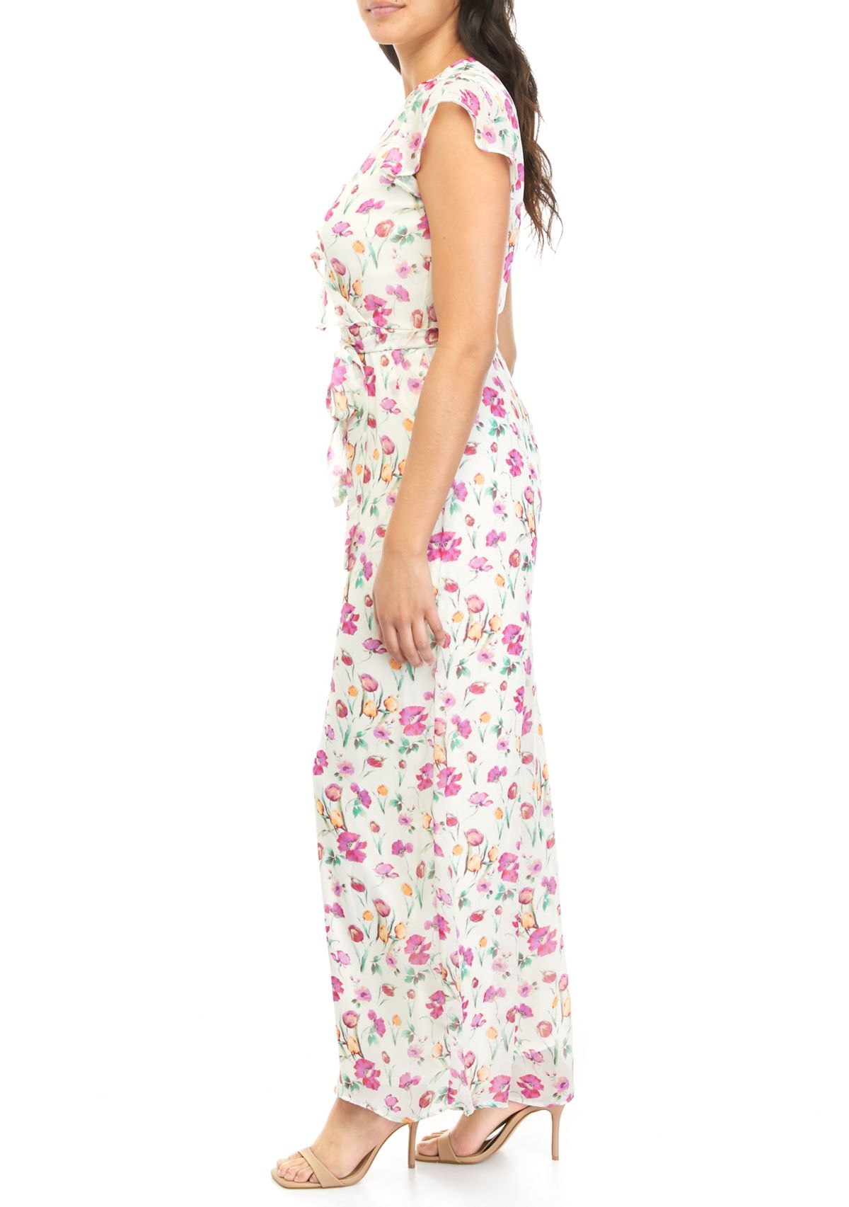 Womens Floral Print Flutter Sleeve Jumpsuit 