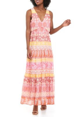 Women's Sleeveless V-Neck Border Print Maxi Dress