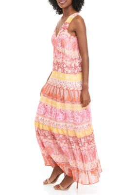 Women's Sleeveless V-Neck Border Print Maxi Dress