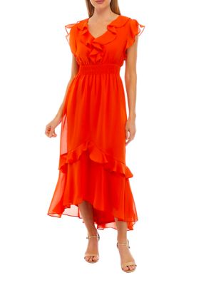 Women's Flutter Sleeve Ruffle V-Neck Solid Chiffon Midi Dress