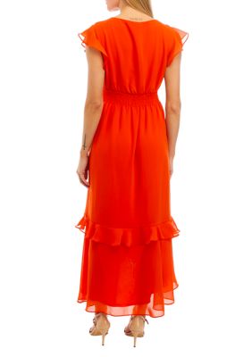 Women's Flutter Sleeve Ruffle V-Neck Solid Chiffon Midi Dress