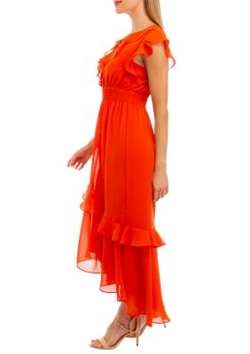 Women's Flutter Sleeve Ruffle V-Neck Solid Chiffon Midi Dress