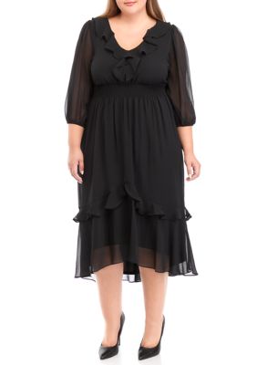 Plus Elbow Sleeve V-Neck Smocked Waist Ruffle Hem Woven Dress