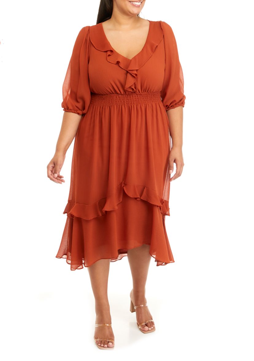Plus Size Elbow Sleeve V-Neck Smocked Waist Ruffle Hem Woven Dress