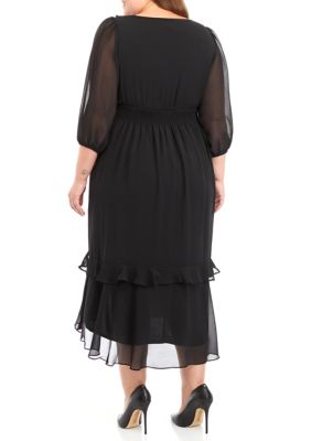 Plus Elbow Sleeve V-Neck Smocked Waist Ruffle Hem Woven Dress