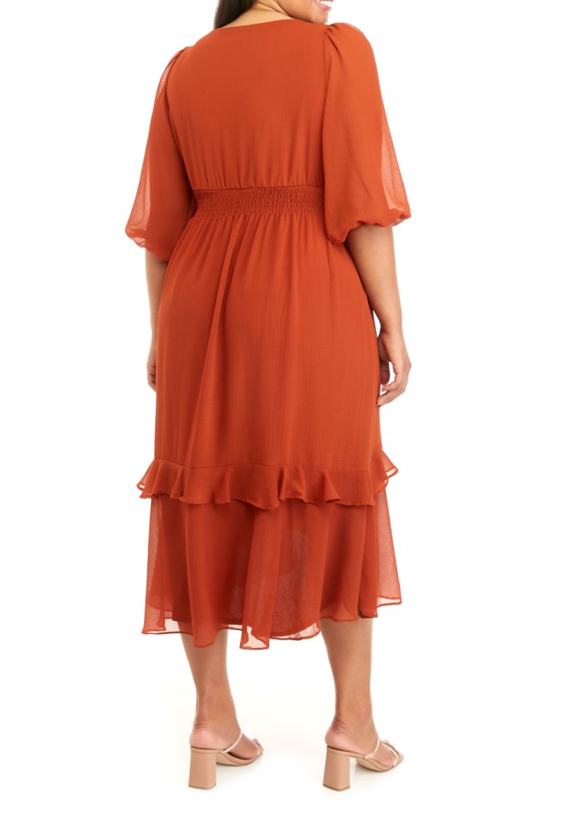Plus Size Elbow Sleeve V-Neck Smocked Waist Ruffle Hem Woven Dress