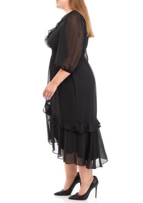 Plus Elbow Sleeve V-Neck Smocked Waist Ruffle Hem Woven Dress