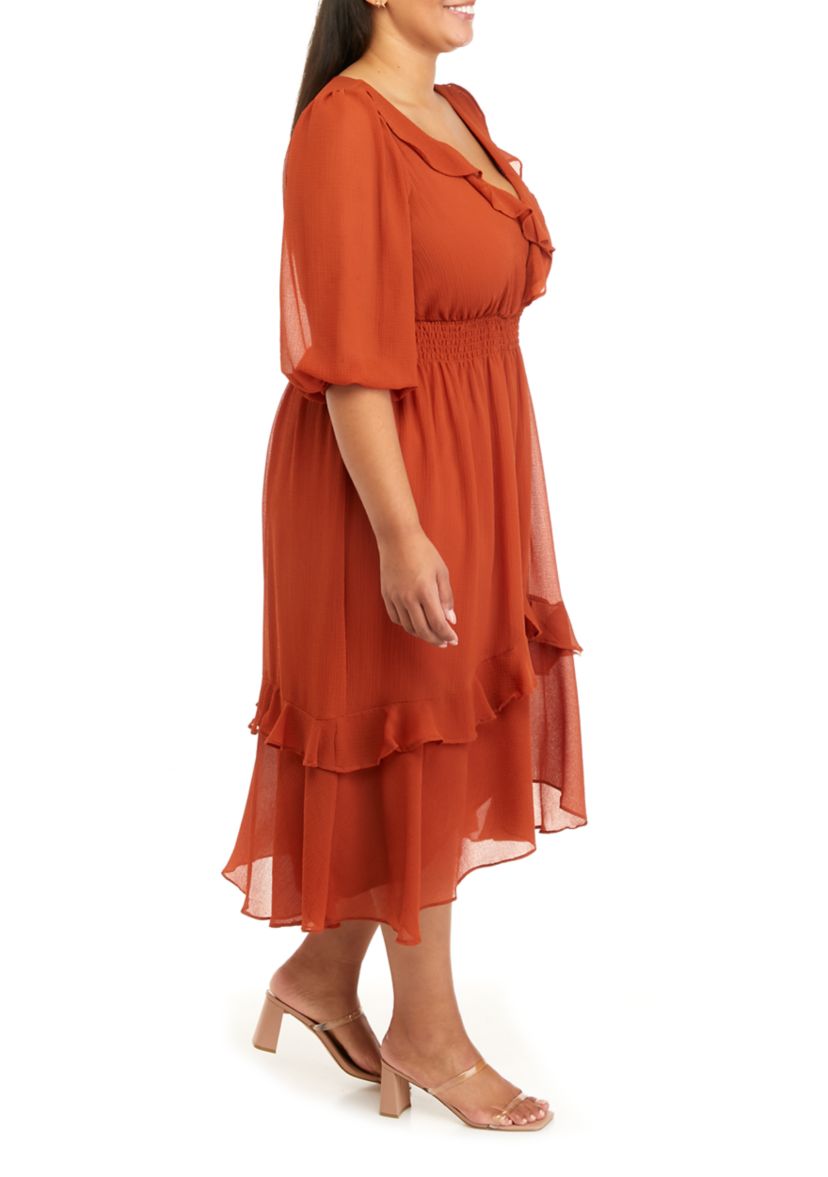 Plus Size Elbow Sleeve V-Neck Smocked Waist Ruffle Hem Woven Dress