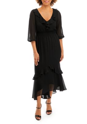 Women's 3/4 Sleeve V-Neck Smock Waist Ruffle Hem Dress