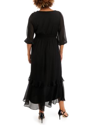 Women's 3/4 Sleeve V-Neck Smock Waist Ruffle Hem Dress