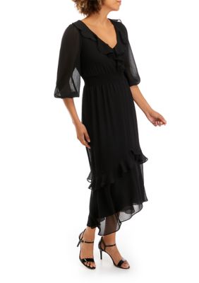 Women's 3/4 Sleeve V-Neck Smock Waist Ruffle Hem Dress