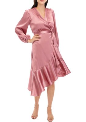 Women's Long Sleeve Solid Satin Tie Waist Wrap Dress